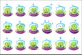 Alien In Ufo Emoji Set Of Simplified Cartoon Character Stickers Isolated.