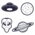 Alien, UFO, moon and planet. Set of badge and stickers print design in monochrome style on cosmos theme.