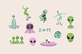 Alien, UFO, space, astronaut. Alien with a skateboard. Spaceship. Hand drawn stickers. Vector