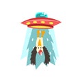 Alien UFO spaceship taking away eagle, flying saucer taking bird using light beam vector Illustration on a white Royalty Free Stock Photo