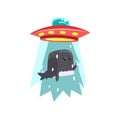 Alien UFO spaceship taking away whale, flying saucer taking sea animal using light beam vector Illustration on a white Royalty Free Stock Photo