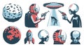 Alien UFO vintage set with astronaut and martian Royalty Free Stock Photo