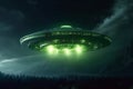 Alien visitation, UFO spaceship hovers in night sky, green creature awaits