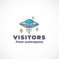 Alien Visitors Abstract Vector Sign, Symbol, Logo Template. Outline UFO Silhouette with Modern Typography. Science