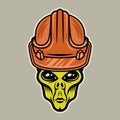 Alien in worker hard hat vector illustration in colorful cartoon style isolated on light background