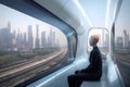 alien worker, traveling to busy station on high-speed train, with view of futuristic city visible in the distance