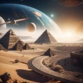 An alien world with desert, pyramids and planets.