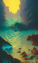 Alien world`s seascape with a beach in retro scifi style