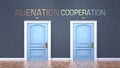 Alienation and cooperation as a choice - pictured as words Alienation, cooperation on doors to show that Alienation and