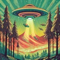 Aliens area vintage poster colorful with UFO saucer flying over forest for concept martian Royalty Free Stock Photo