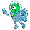 The aliens in astronaut dress go on a space trip, doodle icon image kawaii
