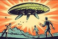 Aliens are chasing a human, concept of extra-terrestrial pursuit, created with Generative AI technology