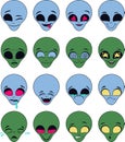 Cartoon image of a set of funny green and blue aliens faces with different emotions over white background.