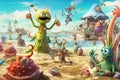 Aliens enjoying a day at the beach on a distant planet, alien character illustration generative ai