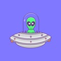 Aliens flying with ufo, cute alien flying with spaceship cartoon, Flat Design Cartoon fun technology