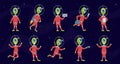 Aliens. Funny green space humanoid in spacesuit, ufo alien pilot in different activities. Galaxy monster vector cartoon