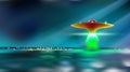 Aliens futuristic orange spaceship hovers over surface water. Ufo with lights went to take off. Invasion concept. Moonlight dark Royalty Free Stock Photo