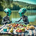 Aliens having a picnic by the lake