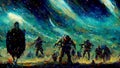 Aliens invade Earth in oil painting
