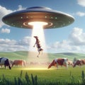 Aliens kidnap a cow from a field.
