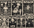 Aliens set vintage monochrome flyers