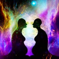 Aliens silhouettes at abstract cosmic background. Human souls couple in love and spiritual life concept