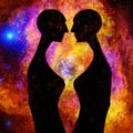 Aliens silhouettes at abstract cosmic background. Human souls couple in love and spiritual life concept