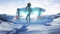Aliens sing and play guitars on their home snow planet. 3D Rendering.