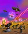 Aliens in the space, battle on alien planet, 3d rendering Royalty Free Stock Photo