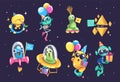 Aliens space party. Alien monster kid characters in extraterrestrial spaceship, cute ufo cool little silly crazy