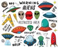 Aliens and Ufo Hand Drawn sketch Set. Cute Cartoon alien spaceships Doodles and Lettering Vector Illustration Royalty Free Stock Photo