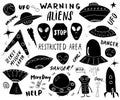 Aliens and Ufo Hand Drawn sketch Set. Cute Cartoon alien spaceships Doodles and Lettering Vector Illustration Royalty Free Stock Photo