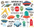 Aliens and Ufo Hand Drawn sketch Set. Cute Cartoon alien spaceships Doodles and Lettering Vector Illustration Royalty Free Stock Photo