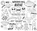 Aliens and Ufo Hand Drawn sketch Set. Cute Cartoon alien spaceships Doodles and Lettering Vector Illustration Royalty Free Stock Photo