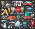 Aliens and Ufo Hand Drawn sketch Set. Cute Cartoon alien spaceships Doodles and Lettering Vector Illustration on chalkboard Royalty Free Stock Photo