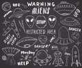 Aliens and Ufo Hand Drawn sketch Set. Cute Cartoon alien spaceships Doodles and Lettering Vector Illustration on chalkboard Royalty Free Stock Photo