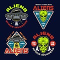 Aliens and ufo set of four colored vector emblems