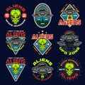 Aliens and ufo set of nine vector colored emblems