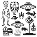 Aliens and ufo set of vector objects or elements