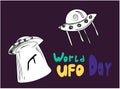 Aliens visit the earth for research. Vector illustration. UFO worlds day.Suitable for poster, banner, campaign, and card