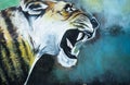 ALIGARH, INDIA - AUGUST 20, 2021: Close up of TIGER PAINTING on the wall in the park. Floral pattern background.