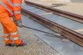 Align piece of railroad track before welding Royalty Free Stock Photo