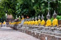 Aligned Buddha statues at Wat Yai Chaimongkol, Ayutthaya, Thailand. Royalty Free Stock Photo