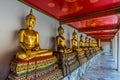 Aligned golden buddha statues Wat Pho temple bangkok Thailand