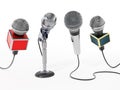 Aligned news microphones isolated on white background. 3D illustration Royalty Free Stock Photo