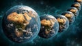 Alignment or array of many Earth planet in outer space scenery 3D rendering illustration. Multiverse or parallel universes concept