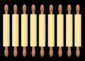 An alignment of numerous 3D wooden rolling pin for bakery dough rolling flattening black backdrop