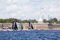 Alinghi (SUI), Gazprom Team and Oman Air (OMA) catamarans on Extreme Sailing Series Act 5 catamarans race on