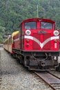 Alishan,taiwan-October 15,2018:The old red Train in Alishan Line (downhill) come back to Chiyi train station