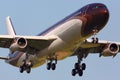 Alisher Usmanov`s Airbus A340 business jet M-IABU landing at Sheremetyevo international airport, Moscow region, Russia. Royalty Free Stock Photo